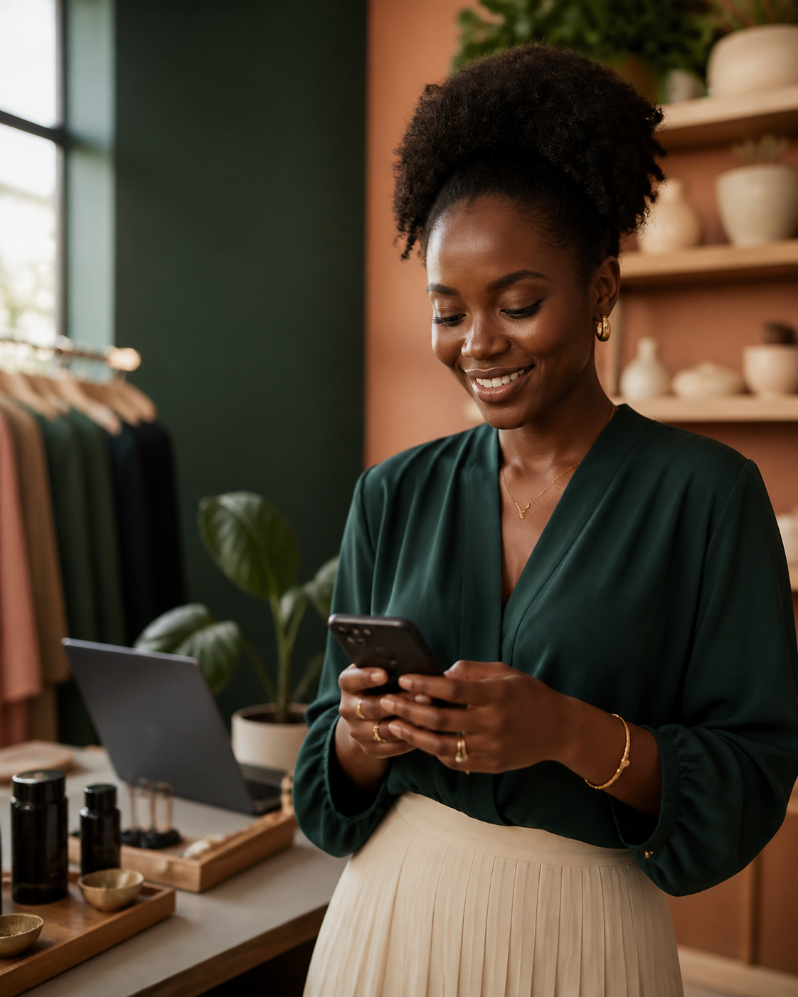 Entrepreneure utilisant son téléphone pour gérer ses clients